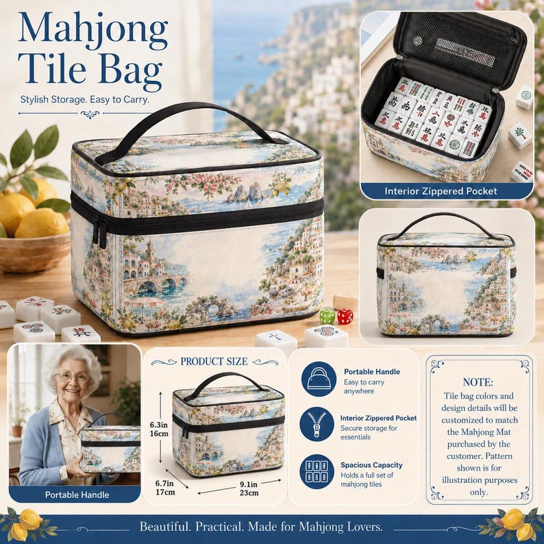 May include: Mahjong tile bag with a scenic landscape design. The bag has a black handle and zipper, and measures 9.1 inches long, 6.7 inches high, and 6.3 inches deep. It features an interior zippered pocket and spacious capacity for mahjong tiles.
