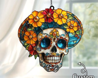 Day Of The Dead Sugar Skull Suncatcher, Acrylic Faux Stained Glass