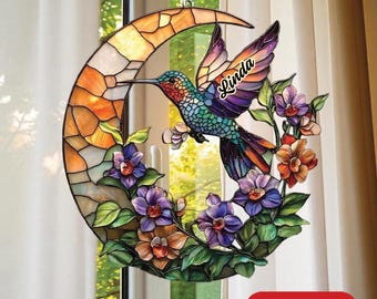 Personalized Hummingbird Stained Glass Window Hanging, Custom Name Floral Moon Decor