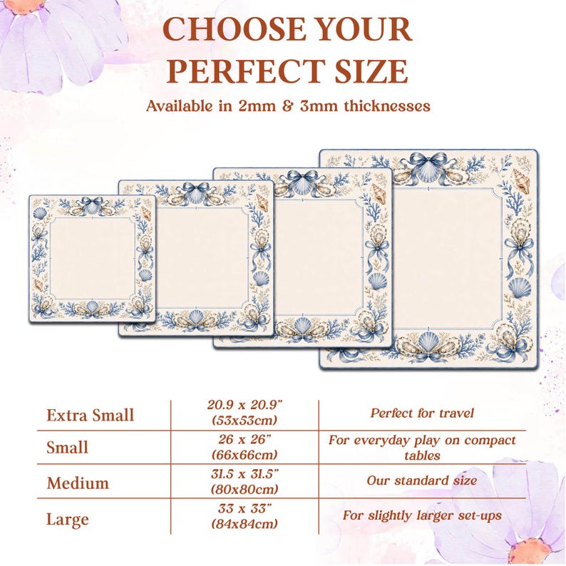 Puede incluir: Cuatro tapetes cuadrados con centro crema y borde con lazos azules, conchas marinas y coral. El texto dice: CHOOSE YOUR PERFECT SIZE, Available in 2mm & 3mm thicknesses, Extra Small 53x53cm, Small 66x66cm, Medium 80x80cm, Large 84x84cm.