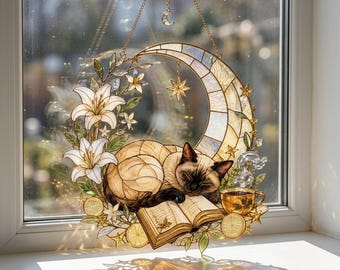 Speelse raamhanger met slapende kat, halve maan en kristallen | Imitatie glas-in-lood raamhanger | Bloemen woondecoratie cadeau