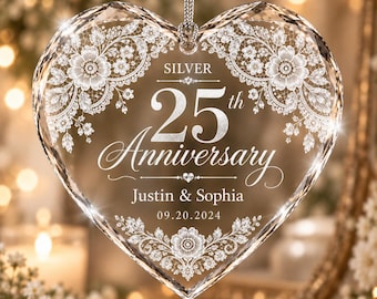 25º Aniversario – Adorno de cristal 2026, recuerdo personalizado en forma de corazón para aniversario de plata para parejas.