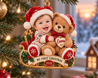 3D reliëf gepersonaliseerd gezicht kerstsok kiekeboe baby ornament, eerste kerstherinnering 2026