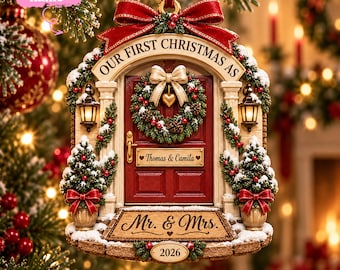 3D-reliëfornament 'Onze eerste kerst als meneer en mevrouw', gepersonaliseerd aandenken voor pasgetrouwden (2026)