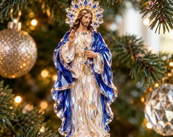 Gepersonaliseerd ornament van gekroonde Jezus met kristaleffect, acryl, Christus Koning, christelijke religieuze kerstdecoratie 2026