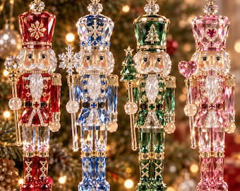 Gepersonaliseerd kleurrijk notenkrakerornament van acryl met kristaleffect, versierde soldaat als kerstcadeau voor de feestdagen 2026