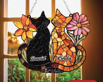 Acrylic Cat Suncatcher – Faux Stained Glass, Black and Orange Cats with Flowers