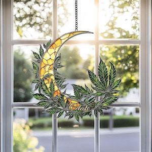 Atrapasueños acrílico con forma de hoja de cannabis en forma de media luna, decoración bohemia para fumadores.