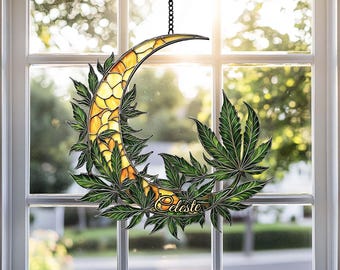 Crescent Moon Cannabis Leaf Acrylic Suncatcher, Boho Stoner Decor