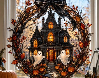 Guirnalda luminosa de atrapasoles de casa embrujada, adorno acrílico espeluznante para ventana de Halloween, decoración gótica de otoño, exhibición de calabaza fantasma iluminada