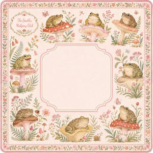 Könnte beinhalten: Quadratische Illustration im Vintage-Stil mit Fröschen auf Pilzen, umgeben von Blumen und Blättern. Der Text "The Smith's Mahjong Club" befindet sich oben links. Die Farbpalette umfasst Rosa, Grün und Beige.