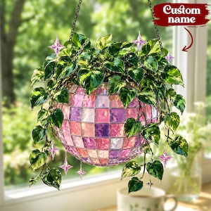 Iridescent Disco Ball Suncatcher Planter | Pink Purple Mosaic Celestial Window Decor