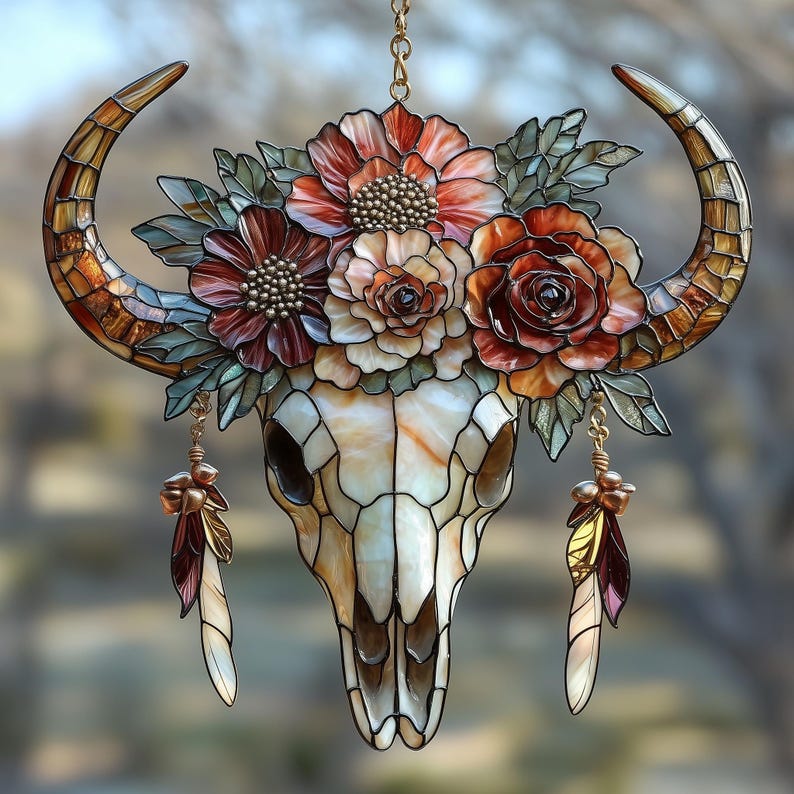 May include: Stained glass bull skull with intricate details. The skull features a mosaic pattern in cream and tan hues. The horns are amber and brown. Floral arrangement in red, orange, and cream colors adorns the skull, with dangling feather accents.