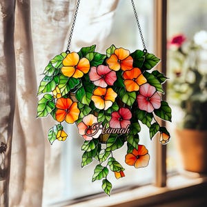 Personalisierte Glasmalerei Blumentopf Pflanzenaufhänger, Benutzerdefinierter Name Blumenfensterdekor, Einzigartiges Wohngeschenk