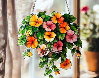 Personalized Stained Glass Flower Pot Plant Hanger, Custom Name Floral Window Decor, Unique Home Gift