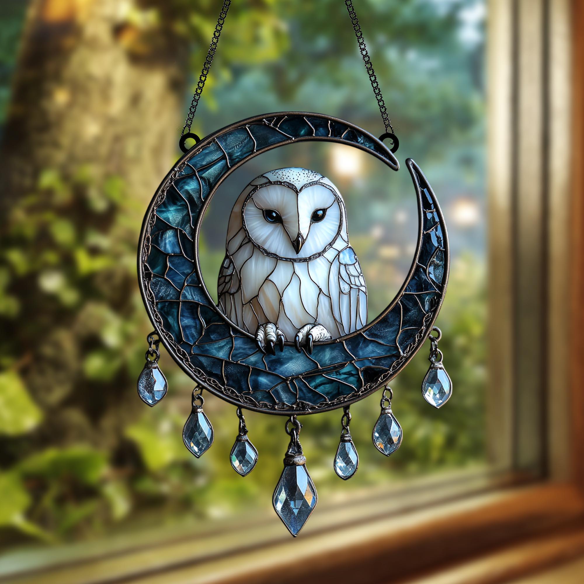 フクロウと月のアクリル製サンキャッチャー - フェイクステンドグラス