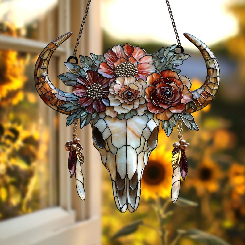Floral Longhorn Skull Suncatcher - Boho Western Decor, Acrylic Window Hanging image 10