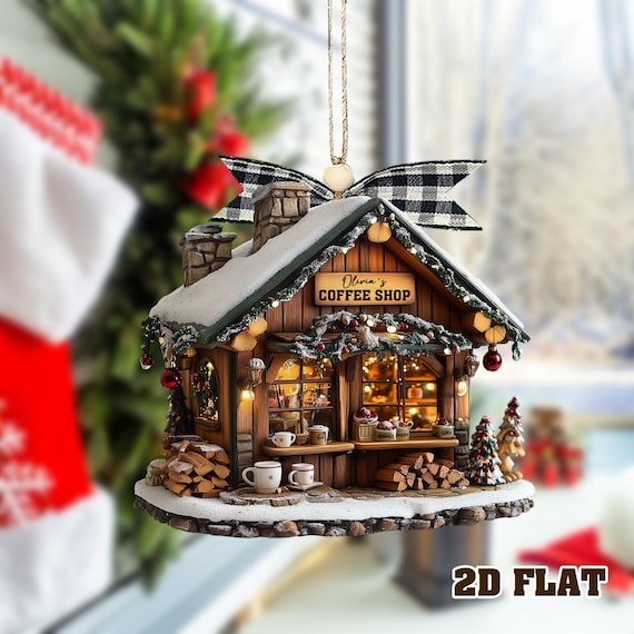 クリスマス　オーナメントハウス　コーヒーショップ カスタムネームコーヒーショップオーナメント、アクリル製クリスマス
