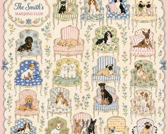 Whimsical Dog Mahjong Mat, Vintage Floral Pet Lover Game Decor