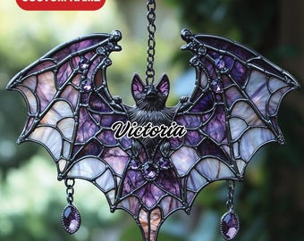 Personalized Stained Glass Bat Suncatcher, Custom Name Halloween Window Hanging, Gothic Home Decor