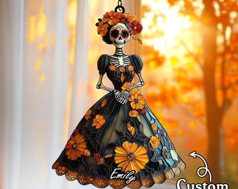 Day Of The Dead Suncatcher – bloemenskelet acryl raamhanger