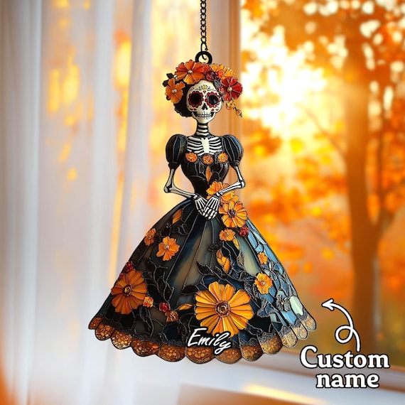 Day Of The Dead Suncatcher – Floral Skeleton Acrylic Window Hanging