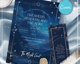 May include: A dark blue invitation with white text, featuring the words "Dreamers, Readers, and Fae Alike." The invitation includes the date, time, and a call to RSVP. A matching bookmark is also present, with text about stars and dreams.