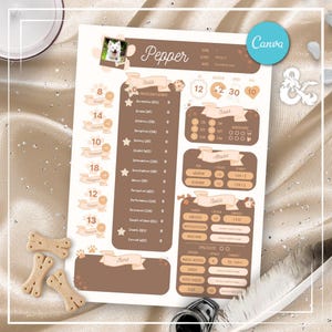 May include: A printable character sheet for a tabletop role-playing game, featuring a dog character named Pepper. The sheet includes stats, abilities, attacks, and spells. The character is a Wizard with a Goodest Boy race.