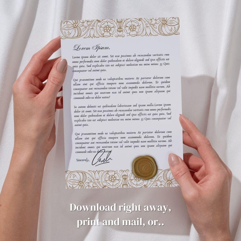 May include: A mock-up of a formal letter with a wax seal. The letter is written in a formal font and includes the text "Lorem Ipsum". The letter is on a white background and has a decorative border.