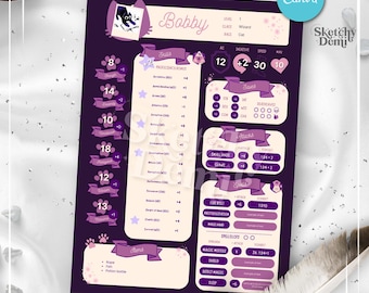 Dnd Character Sheet Kitty Themed Customisable Beginner Kids Neurodivergent Friendly Digital file, Canva Dungeons and Dragons Cats