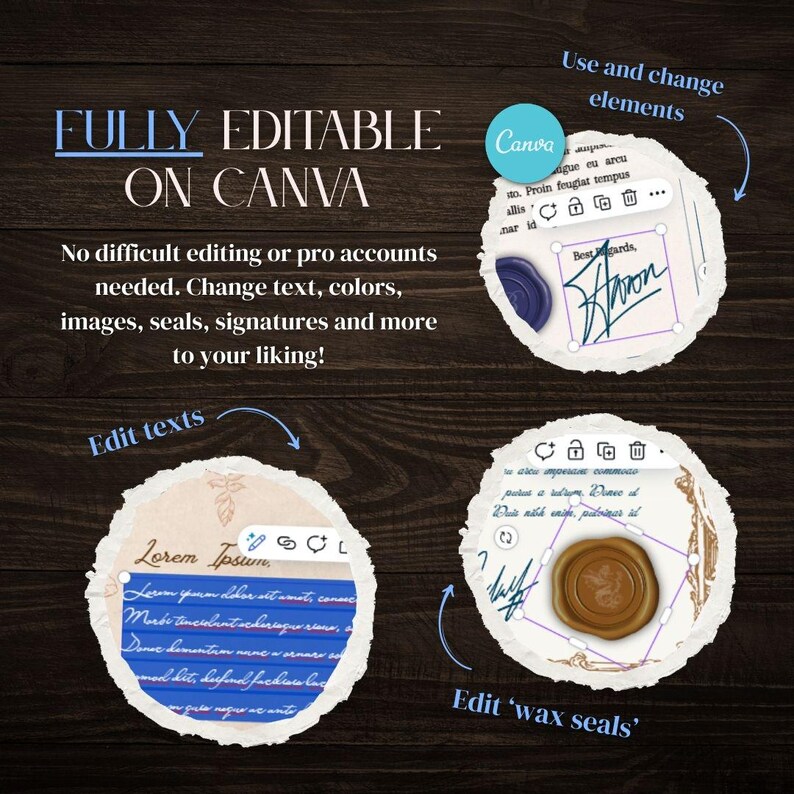 May include: A digital illustration demonstrating how to edit text, wax seals, and signatures on Canva. The image showcases three distinct sections of a Canva design, each highlighting a different element. The first section displays a text box containing the words "Lorem Ipsum" and a blue wax seal. The second section features a wax seal with a signature. The third section presents a text box with the words "Best cards, Baron".