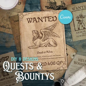 Può includere: Un set di otto poster stampabili 'Missioni e Taglie' con tema medievale. I poster presentano una varietà di illustrazioni, tra cui una leonessa alata, un cavaliere con arco e frecce e un castello. Il testo sui poster include 'Wanted', 'Vivo o morto', 'Ricompensa 400 GP' e 'Bandito in nero'.