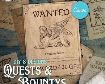 DnD Help Wanted Bounty Posters Dungeons and Dragons DnD quest board DnD Art Monster Art Canva template editable fully customisable DM tools