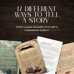 May include: A set of 17 different ways to tell a story, ideal for game masters or players. The cards feature a variety of styles, including a handwritten letter, a parchment scroll, and a newspaper clipping. The text on the cards reads "Lorem Ipsum" and "17 Different Ways to Tell a Story".