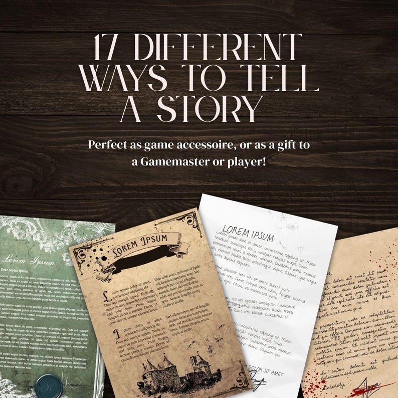 May include: A set of 17 different ways to tell a story, ideal for game masters or players. The cards feature a variety of styles, including a handwritten letter, a parchment scroll, and a newspaper clipping. The text on the cards reads "Lorem Ipsum" and "17 Different Ways to Tell a Story".