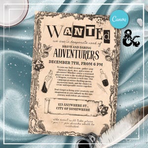 Op de afbeelding: Een vintage-stijl gezocht-poster met een sierlijke rand, die reclame maakt voor een Dungeons and Dragons-spelavond op 7 december vanaf 18:00 uur. De poster bevat een zwart-witte illustratie van een draak, dobbelstenen en een pen. De tekst luidt "GEZOCHT, we hebben BRAVE EN DURFENDE AVONTURIERS nodig".