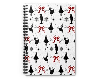 Caderno espiral festivo do balé quebra-nozes - linha pautada, diário de Natal do Balletcore da bailarina