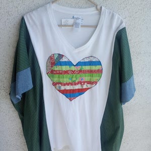 Comfy handmade shirt, reworked vintage quilt top heart, recycled jeans sparkly fabric original design upcycled OOAK women&#39;s top festival