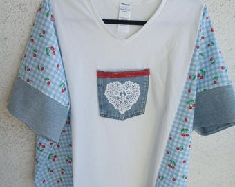 Plus size shirt, decorated tee shirt, checks and cherries, crochet heart, gift for Mom
