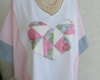 Oversized shirt, OOAK patchwork heart, gift for Mom, pink gingham check