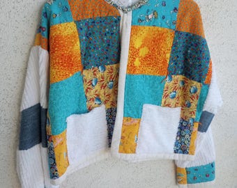 kolorowa, pikowana kurtka typu crop, tkaniny do pływania i surfingu, pasuje na rozmiary M/L