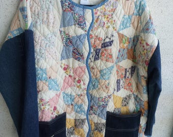 vintage quilt i kurtka z recyklingowanego jeansu, XL/2X, oryginalny projekt, ręcznie robione