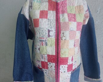 Quilt and denim jacket, handmade, patchwork, recycled denim, floral, LOVE, upcycled, repurposed, festival, pink, OOAK