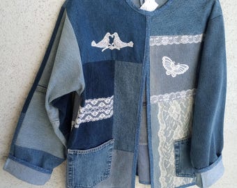 Oryginalna kurtka z jeansu i koronki, jeansy z recyklingu, ręcznie robione, przerobione, kobiece