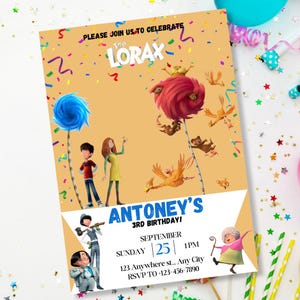 Lorax Boy Girl Birthday Party Invite Digital Editable Template Invitation the Once-lers Truffula Trees