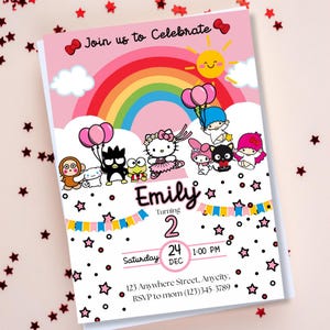 Modello modificabile per invito digitale per festa di compleanno di Kitty Girl Invita Kitty e i suoi amici Cat