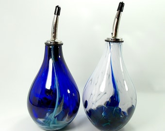 Olive Oil Set in Cobalt Blue and White, Blown Glass