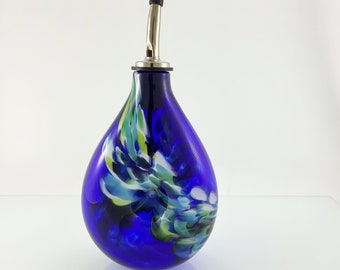 Blown Glass Olive Oil Dispenser in cobalt blue with White and Colourful Spots