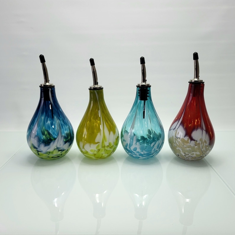 Handblown Glass Olive Oil Bottle with Stainless Steel Pourer, Signature Series image 1