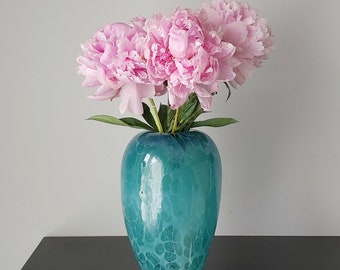 Hand Glass Flower Vase in Deep Teal & Soft White